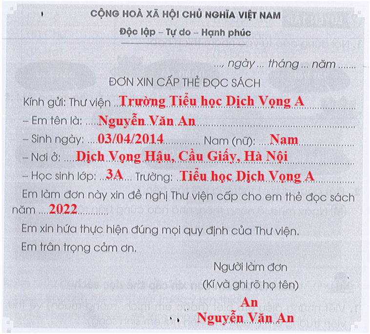 Viết thông tin phù hợp vào chỗ trống để hoàn thành Đơn xin cấp thẻ đọc sách ở thư (ảnh 2)