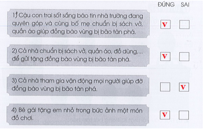 Gia đình hai bạn nhỏ làm gì để giúp đỡ đồng bào vùng bị bão tàn phá? Đánh dấu v vào (ảnh 2)