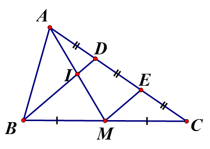 Cho tam giác ABC, D thuộc AC sao cho AD=1/2DC . Gọi M là trung điểm BC, I là giao điểm của BD và  AM (ảnh 1)
