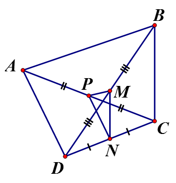 Cho tứ giác ABCD có BC = AD Gọi M, N, P lần lượt là trung điểm AC, CD, DB. Chứng minh tam giác MNP cân (ảnh 1)