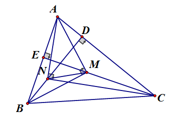 Cho tam giác ABC nhọn, BD, CE là hai đường cao. Các điểm N, M trên các (ảnh 1)