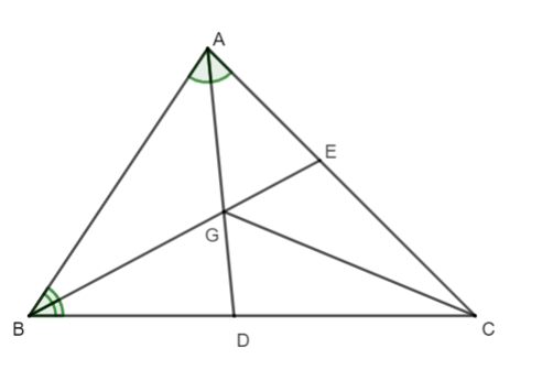 Cho tam giác ABC có hai đường phân giác AD và BE cắt nhau tại G. Khi đó CG là (ảnh 1)