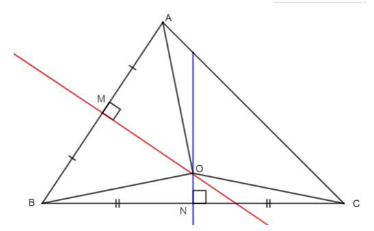 Giao điểm O của ba đường trung trực của tam giác thuộc: (ảnh 1)