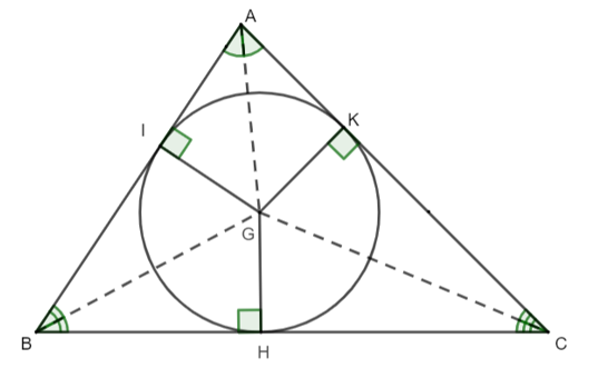 Cho hình vẽ như bên dưới. Biết đường kính của đường tròn nằm trong tam giác là 8 cm.  (ảnh 1)