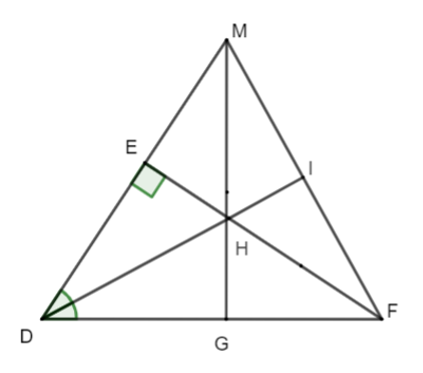 Cho tam giác DEF vuông tại E. Trên tia DE lấy điểm M sao sao DM = DF. (ảnh 1)
