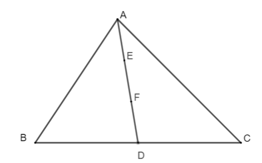 Cho tam giác ΔABC có đường trung tuyến AD, trên đoạn thẳng AD lấy điểm E và F (ảnh 1)