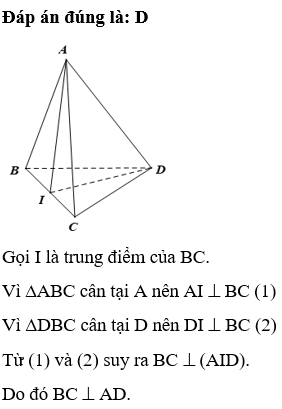Trong không gian, cho tứ diện ABCD có AB = AC và DB = DC. Khẳng định nào sau đây đúng? (ảnh 1)