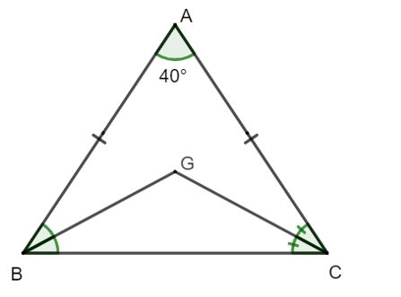 Cho ∆ABC cân tại A có hai đường phân giác từ góc B  và góc C cắt nhau tại G. (ảnh 1)