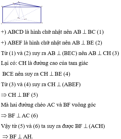 Cho hai hình chữ nhật ABCD, ABEF nằm trên hai mặt phẳng khác nhau sao cho hai đường chéo AC và BF vuông góc.  (ảnh 1)