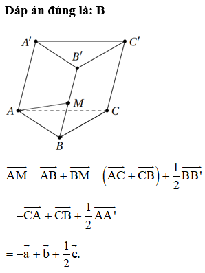 Cho hình lăng trụ ABC.A’B’C’, M là trung điểm của BB’. Đặt   (Tham khảo hình vẽ).  (ảnh 2)