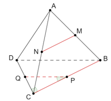 Cho tứ diện ABCD với đáy BCD là tam giác vuông cân tại C. Các điểm M, N, P, Q lần lượt là trung  (ảnh 1)