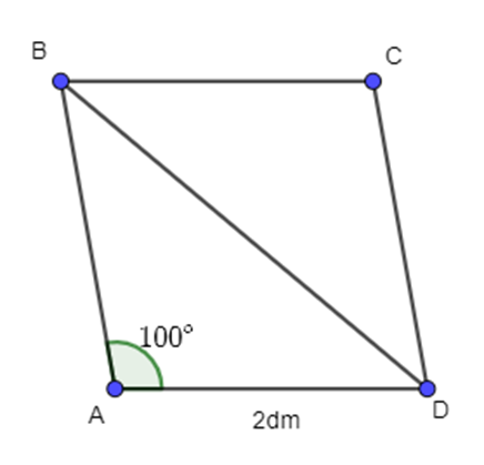 Cho hình thoi ABCD có độ dài cạnh bằng 2 dm và góc BAD = 100 độ. (ảnh 1)