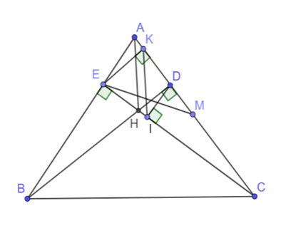 Cho tam giác ABC có ba góc nhọn, các đường cao BD và CE cắt nhau ở H.  a)Chứng minh tam giác ABD đồng dạng tam giác ACE (ảnh 1)