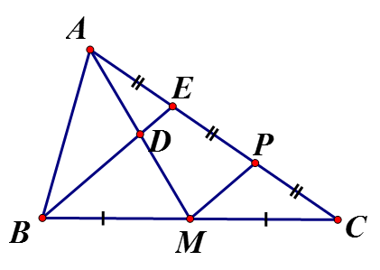 Cho tam giác ABC, đường trung tuyến AM. Gọi D là trung điểm của AM, E là giao điểm của BD, AC (ảnh 1)