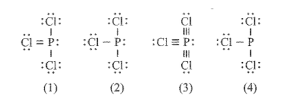 Công thức nào sau đây ứng với công thức Lewis của phân tử PCl3? (ảnh 1)