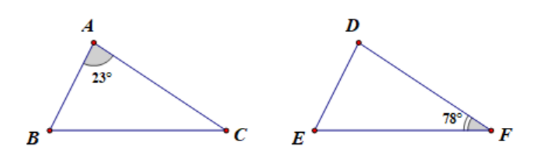 Cho ∆ABC = ∆DEF. Biết góc A = 32°,  góc F = 78°. Tính góc B,E . (ảnh 1)
