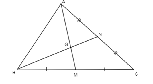 Cho tam giác ABC có M, N lần lượt là trung điểm của BC và AC, AM và BN cắt nhau tại G. (ảnh 1)