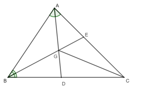 Cho tam giác ABC có hai đường phân giác AD và BE cắt nhau tại G. Khi đó (ảnh 1)