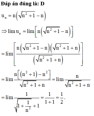 Cho dãy số un =n(căn n^2+1-1)  Khi đó lim un bằng (ảnh 1)