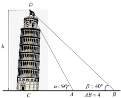 Với các số đo trên hình vẽ sau, chiều cao h của tháp nghiêng Pisa gần với giá trị nào nhất? A. 8. B. 7.5. (ảnh 1)