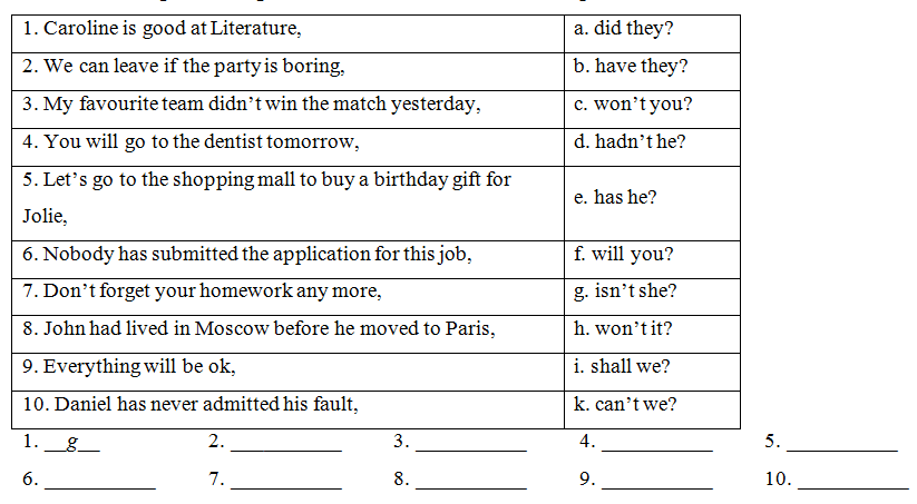 Match the question tags with the statements to make complete sentences (ảnh 1)