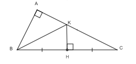 Cho tam giác ABC vuông tại A có góc ABC= 60 độ, H là trung điểm của BC. Từ H kẻ đường (ảnh 1)