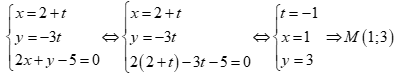 Cho đường thẳng d1 có phương trình x = 2 + t và y = -3t và d2 có phương trình 2x + y - 5 = 0. Biết d1 giao d2 = M (ảnh 5)
