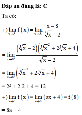 Cho hàm số  fx = x-8/ căn 3 x - 2 ax +4  Để hàm số liên tục tại  (ảnh 1)