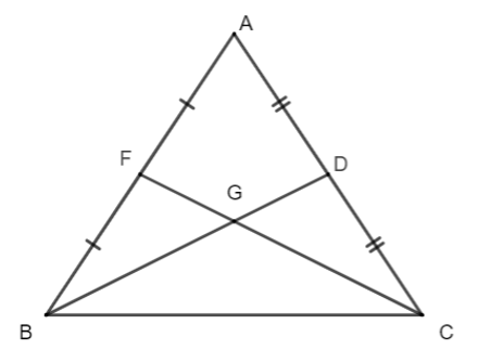 Cho tam giác ABC có đường trung tuyến BD bằng đường trung tuyến CF. (ảnh 1)