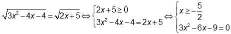 Tính tổng các nghiệm của phương trình căn bậc 2( 3x^2 - 4x - 4) = căn bậc 2( 2x + 5) A. 4.B. 3.C. 5.D. 2. (ảnh 2)