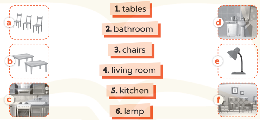 Read and match (Đọc và nối) 1. tables 2. bathroom 3. chairs (ảnh 1)