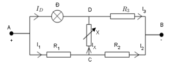 Cho mạch điện (Hình 2): các điện trở R1 = R2 = R3 = R; đèn Đ có điện trở 3R; X là một biến trở có điện trở Rx thay đổi được;  (ảnh 2)
