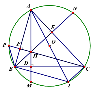 Cho tam giác nhọn ABC nội tiếp đường tròn (O). Các đường cao AD,  (ảnh 1)