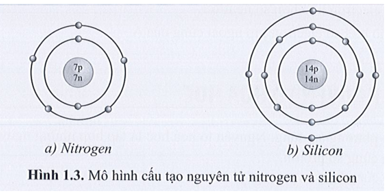 Quan sát hình ảnh mô tả cấu tạo nguyên tử nitrogen và silicon (hình 1.3), cho biết mỗi (ảnh 1)
