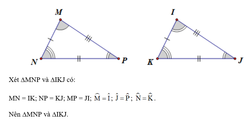 Cho hai tam giác MNP và IKJ có: MN = IK; NP = KJ; MP = JI (ảnh 1)