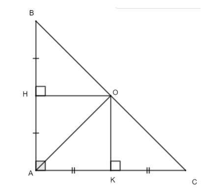 Cho tam giác ∆ABC vuông cân tại A có H và K lần lượt là trung điểm của hai cạnh (ảnh 1)