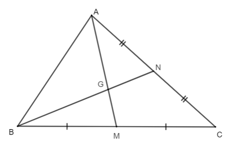 Cho tam giác ABC có M, N lần lượt là trung điểm của BC và AC, AM và BN cắt nhau (ảnh 1)