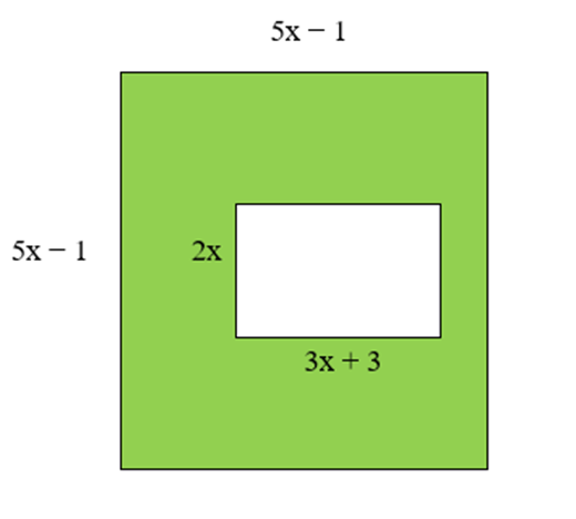 Cho hình vuông bên ngoài có cạnh bằng 5x − 1 và hình chữ nhật bên trong  (ảnh 1)