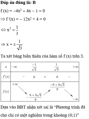Cho phương trình 4x^3  4x + 1 = 0. Tìm khẳng định sai  (ảnh 1)