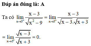 Giới hạn lim x đến 3+ x-3/ cưn x^2-9  có giá trị bằng: (ảnh 1)