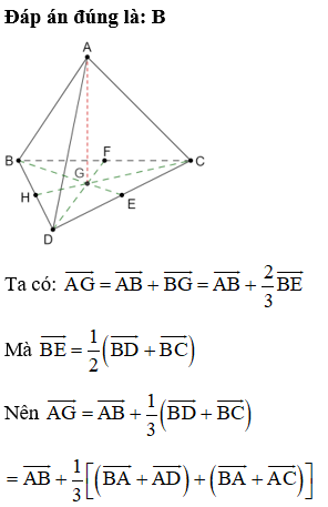 Cho tứ diện ABCD có G là trọng tâm tam giác BCD. Khẳng định nào sau đây đúng? (ảnh 1)