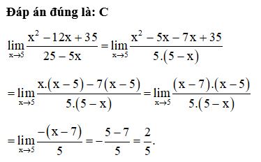 Tính  lim x đến 5 x^2-12x+35/25-5x (ảnh 1)