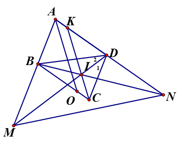 cho tam giác abc trên tia đối của tia ba lấy điểm M, trên tia đối của tia da lấy điểm N sao cho bm=nd=bd, md cắt bn tại I (ảnh 1)