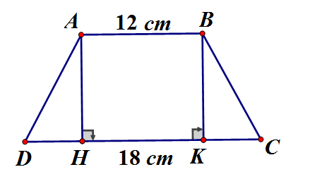 Tính diện tích hình thang cân, biết hai cạnh đáy là 12cm và 18cm, góc ở đáy bằng  (ảnh 1)