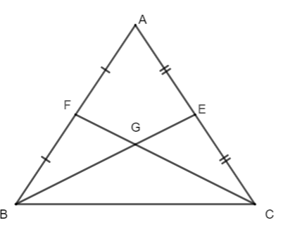 Cho tam giác ∆ABC cân tại A có hai điểm E và F lần lượt là trung điểm của AC và AB (ảnh 1)