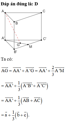 Cho hình lăng trụ ABC.A’B’C’ với G là trọng tâm của tam giác  (ảnh 1)
