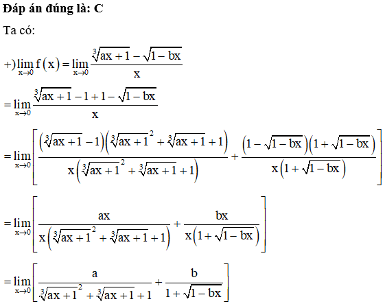 Cho hàm số y=fx căn 3 ax+1 -căn 1-bx  Tìm điều kiện của  (ảnh 1)