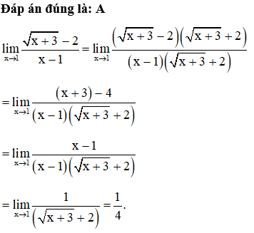 Giới hạn lim x đến 1 căn x+3-2/x-1  có giá trị bằng: (ảnh 1)