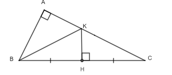 Cho tam giác ABC vuông tại A có góc ABC= 60°, H là trung điểm của BC. Từ H kẻ đường (ảnh 1)