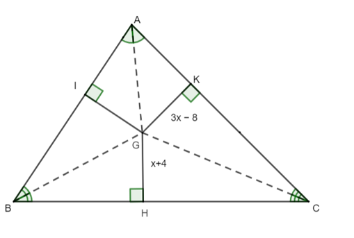 Cho hình vẽ như bên dưới. Biết GK = 3x − 8 và GH = x + 4. Khi đó giá trị của x bằng:  (ảnh 1)